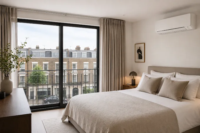 Bedroom with a wall-mounted air conditioning unit