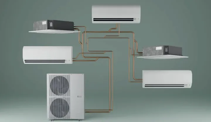 Diagram of five indoor units piped to a single outdoor unit